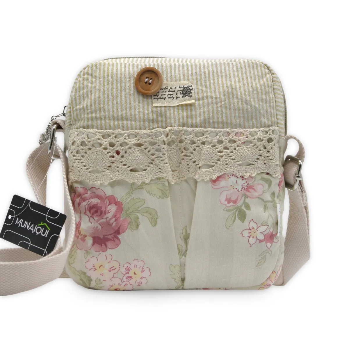 MUNAIQUI - Morral para dama modelo Floral beige con blonda de lona algodonada