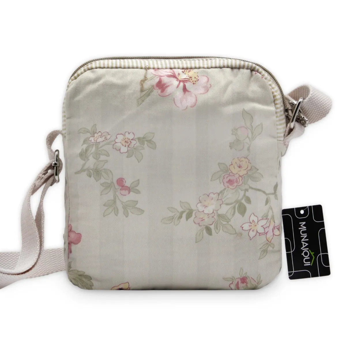 MUNAIQUI - Morral para dama modelo Floral beige con blonda de lona algodonada