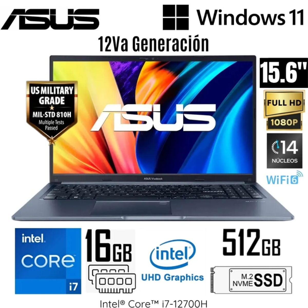 ASUS - Laptop Asus VivoBook 15 X1502ZA-EJ2466W Intel Core i7-12700H 16GB RAM 512GB SSD 15.6" FHD Windows 11