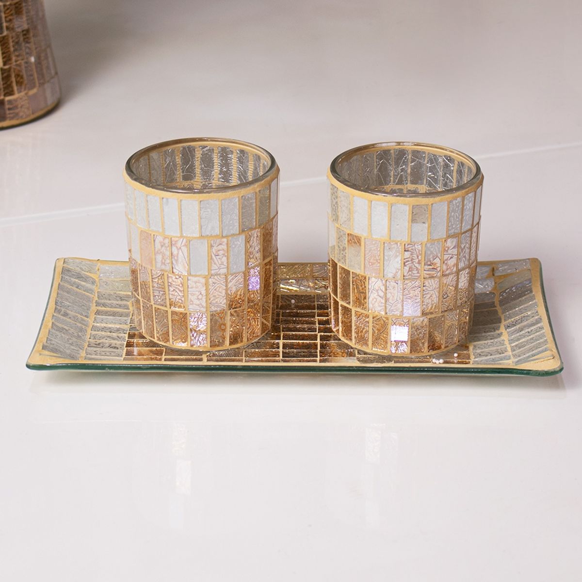 PANADECOR - Centro De Mesa Con 2 Vasos Panadecor De Cerámica Con Detalles Dorados