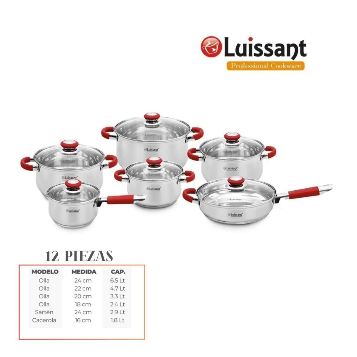 LUISSANT - JUEGO DE OLLAS EN ACERO INOXIDABLE 12 Pzas LUISSANT