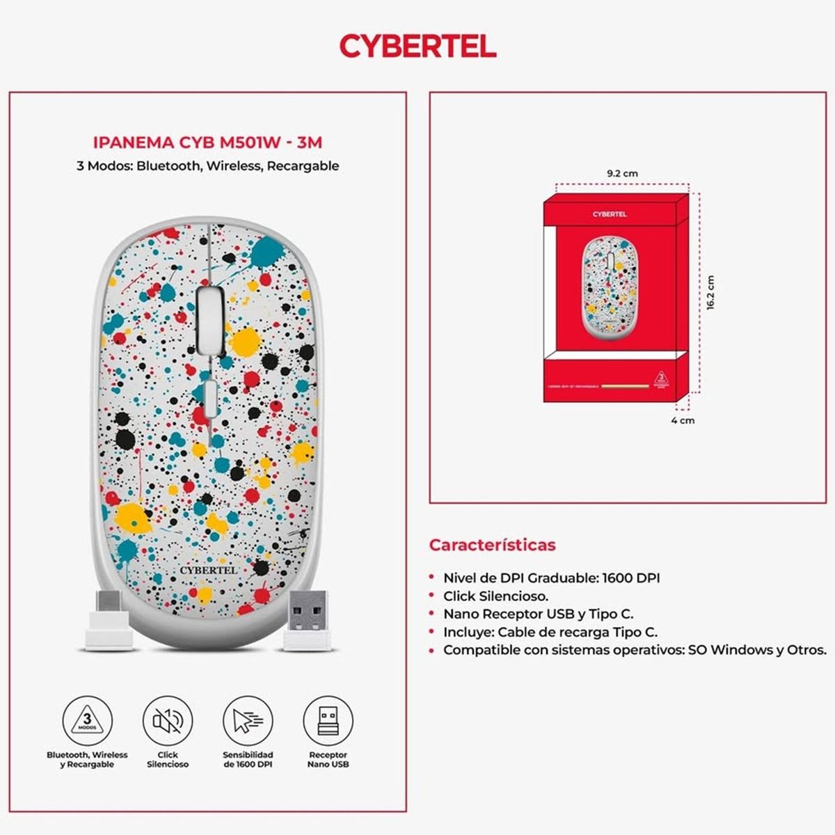CYBERTEL - MOUSE IPANEMA CYB M501w-3M INALAMBRICO RECARGABLE BLUETOOTH CYBERTEL