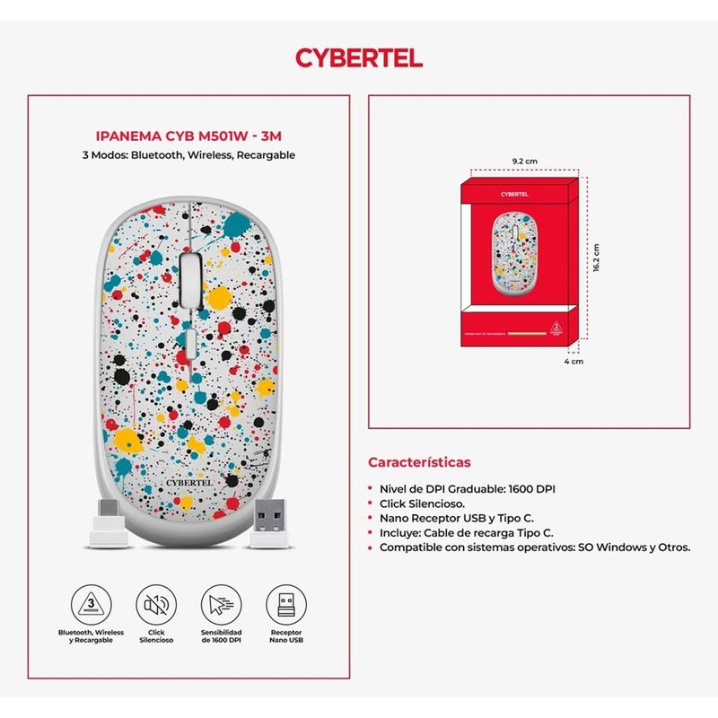 CYBERTEL - MOUSE IPANEMA CYB M501w-3M INALAMBRICO RECARGABLE BLUETOOTH CYBERTEL