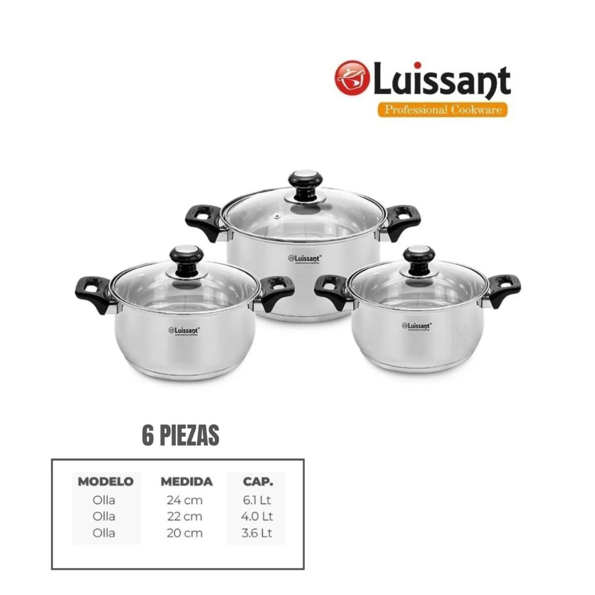 LUISSANT - JUEGO DE OLLAS EN ACERO INOXIDABLE 6 Pzas LUISSANT