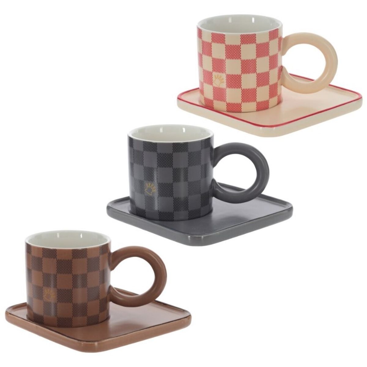 GENERICO - Pack X 3 Tazas con Plato  de Cerámica, Tablero de  Ajedrez