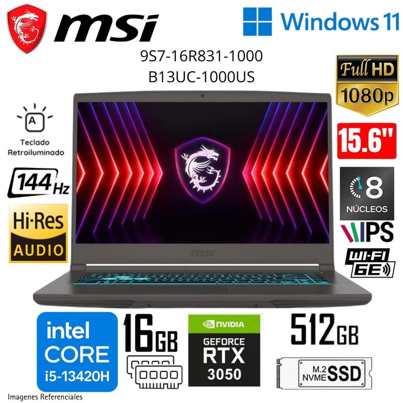 MSI - Laptop Gamer MSI THIN15 B13UC-1000US Intel® Corei5-13420H 16GB 512GB SSD RTX3050 4GB 9S7-16R831-1000