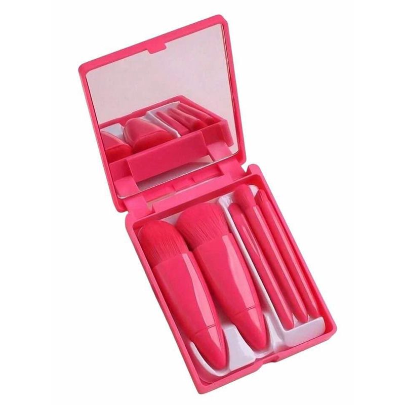 GENERICO - Juego de 5 Mini brochas de cartera con estuche y espejo Fucsia
