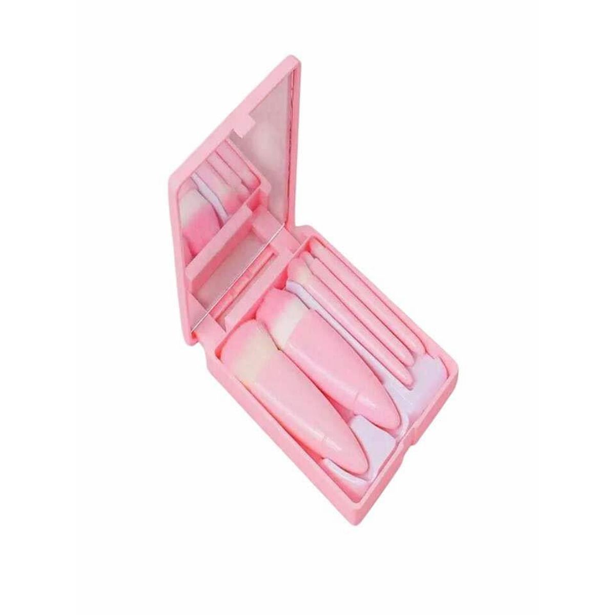 GENERICO - Juego de 5 Mini Brochas de Cartera con Estuche y Espejo Rosado