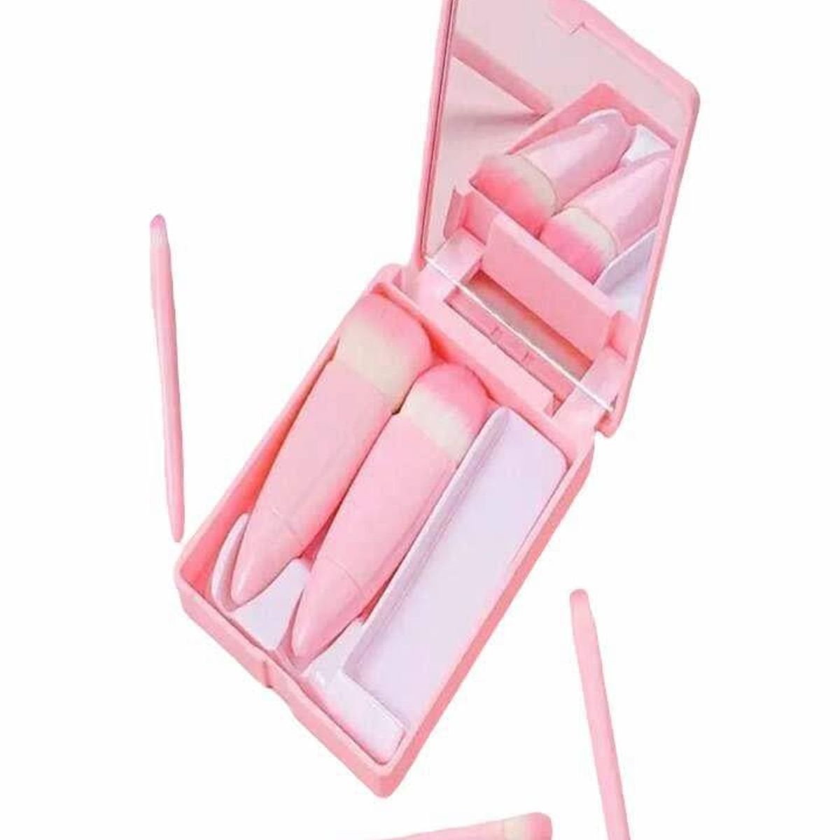 GENERICO - Juego de 5 Mini Brochas de Cartera con Estuche y Espejo Rosado