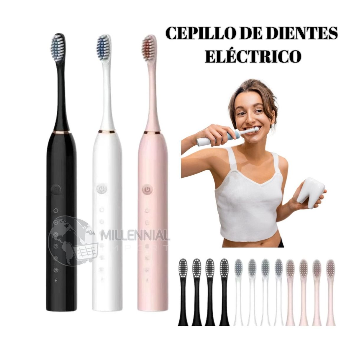 GENERICO - Cepillo de Dientes Eléctrico con Cuatro repuestos Recargable Mujer
