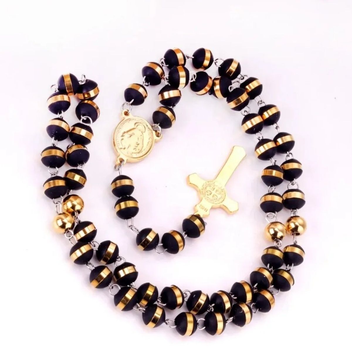 GENERICO - Rosario Cuentas Negras Hombre Catolico acero inoxidable