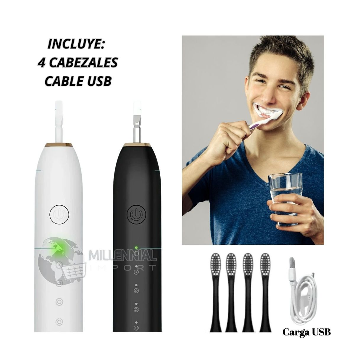 GENERICO - Cepillo de Dientes Eléctrico con Cuatro repuestos Recargable Hombre