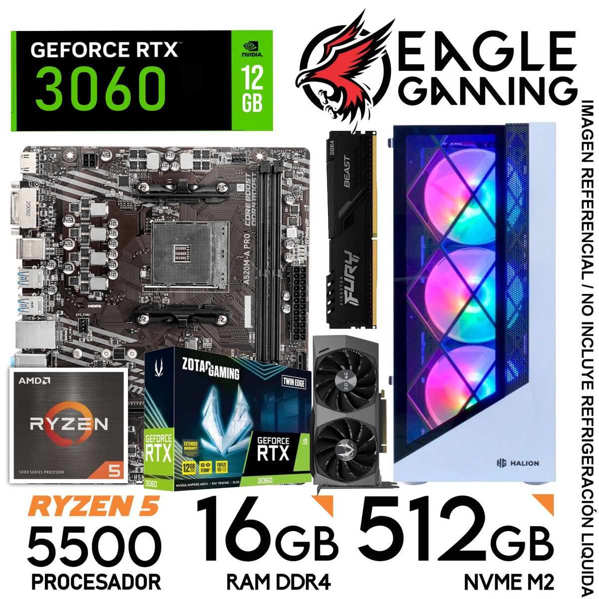 AMD - PC GAMER RYZEN 5 5500, GRAFICA RTX 3060 DE 12GB, RAM 16GB DE RAM, SSD 512GB