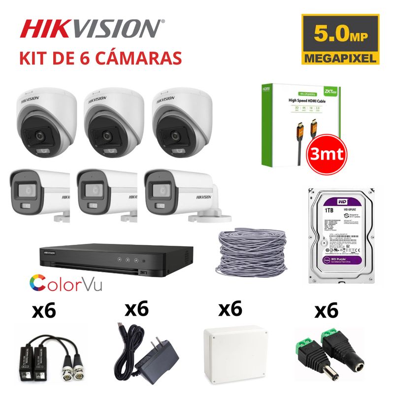 HIKVISION - KIT 6 CÁMARAS DE SEGURIDAD 5MP COLOR VU C / AUDIO + DISCO 1TB PURPURA