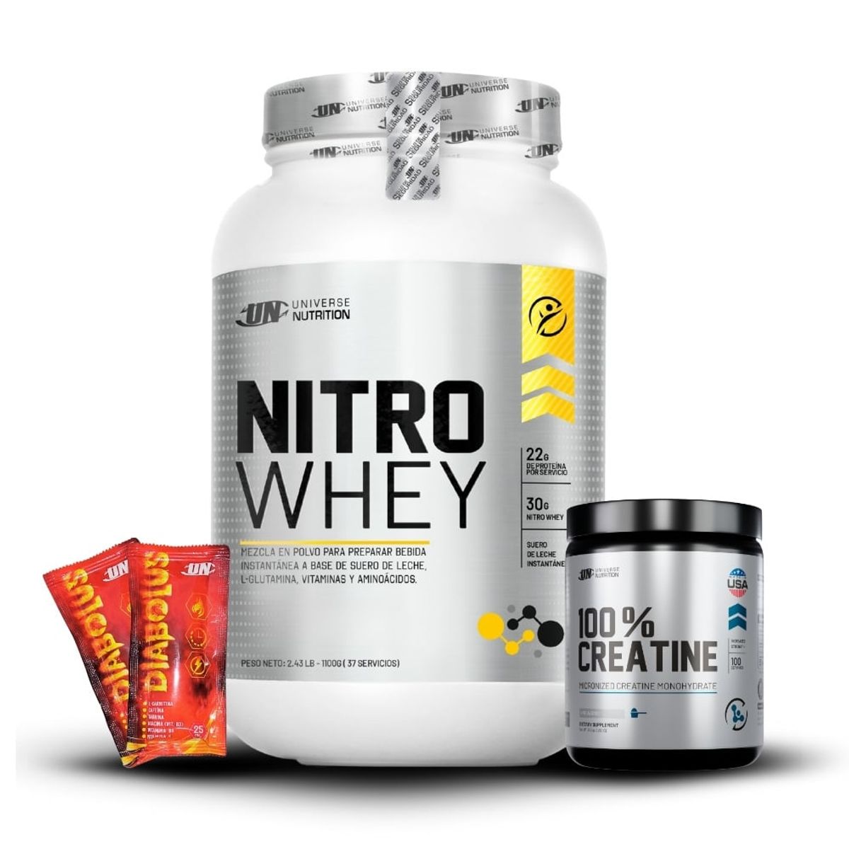 UNIVERSE NUTRITION - Nitro Whey de 1.1 kg Vainilla+Creatina Universe Nutrition 250Gr+2 Diabolus