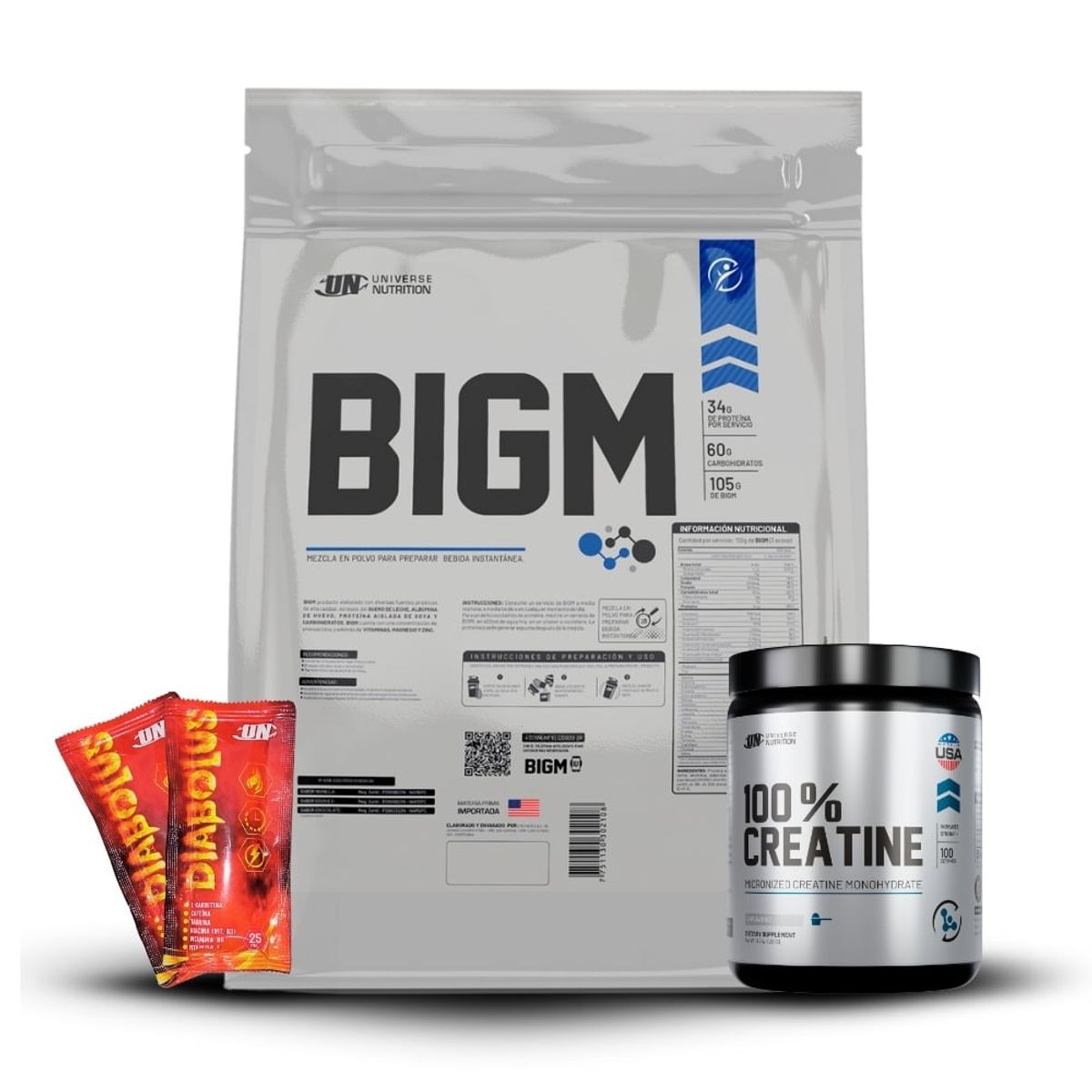 UNIVERSE NUTRITION - Proteína UN Bigm 3 kg Chocolate+Creatina Universe Nutrition 250Gr+2 Diabolus