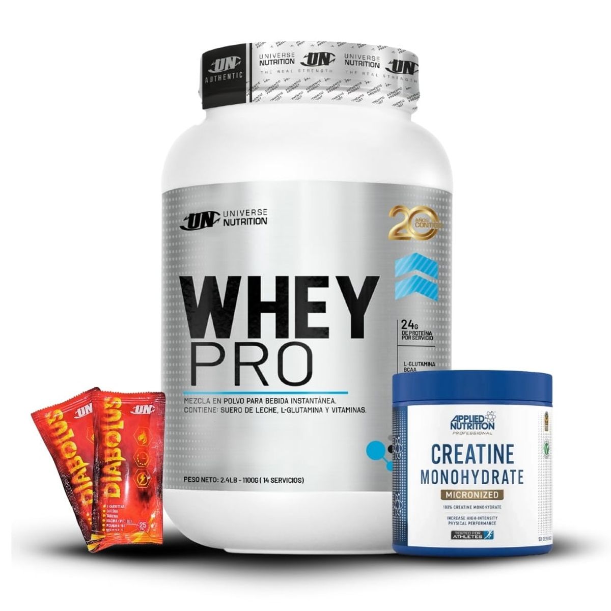 UNIVERSE NUTRITION - Whey Pro 1.1 kg Chocolate+Creatina Applied Nutrition 250Gr+2 Diabolus