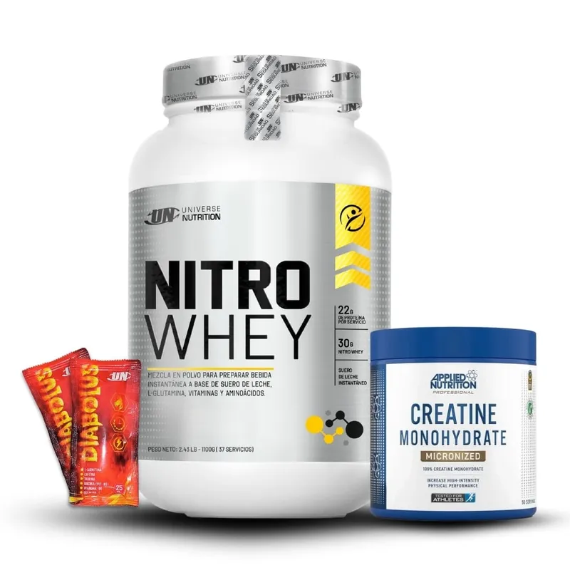 UNIVERSE NUTRITION - Nitro Whey 1.1Kg Vainilla+Creatina Applied Nutrition 250Gr+ 2 Diabolus