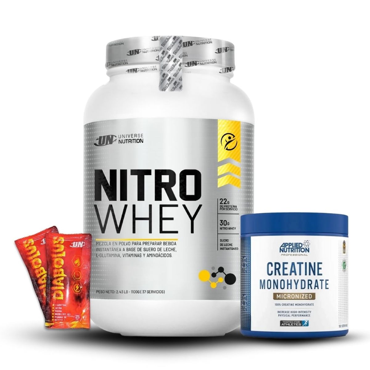 UNIVERSE NUTRITION - Nitro Whey de 1.1 kg Chocolate+Creatina Applied Nutrition 250Gr+2 Diabolus