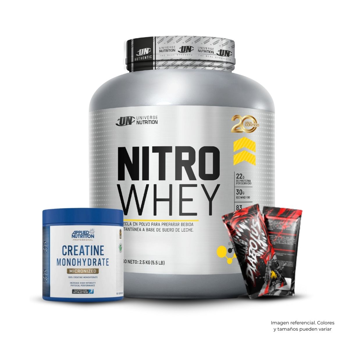 UNIVERSE NUTRITION - Nitro Whey 2.5 kg Cookies+Creatina Applied Nutrition 250Gr+2 Diabolus