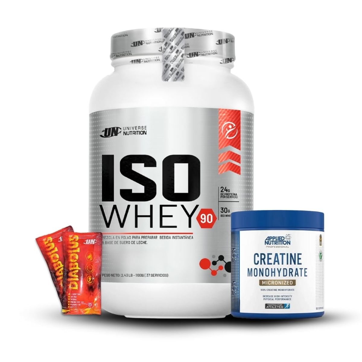UNIVERSE NUTRITION - Iso Whey 90 de 1.1 kg Vainilla+Creatina Applied Nutrition 250Gr+2 Diabolus