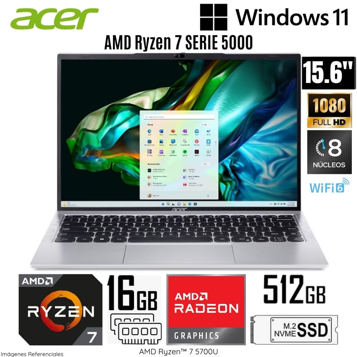 ACER - Laptop Acer Aspire AL14-41P-R27P AMD Ryzen 7-5700U 16GB RAM 512GB SSD 15.6"   FHD Light Silver