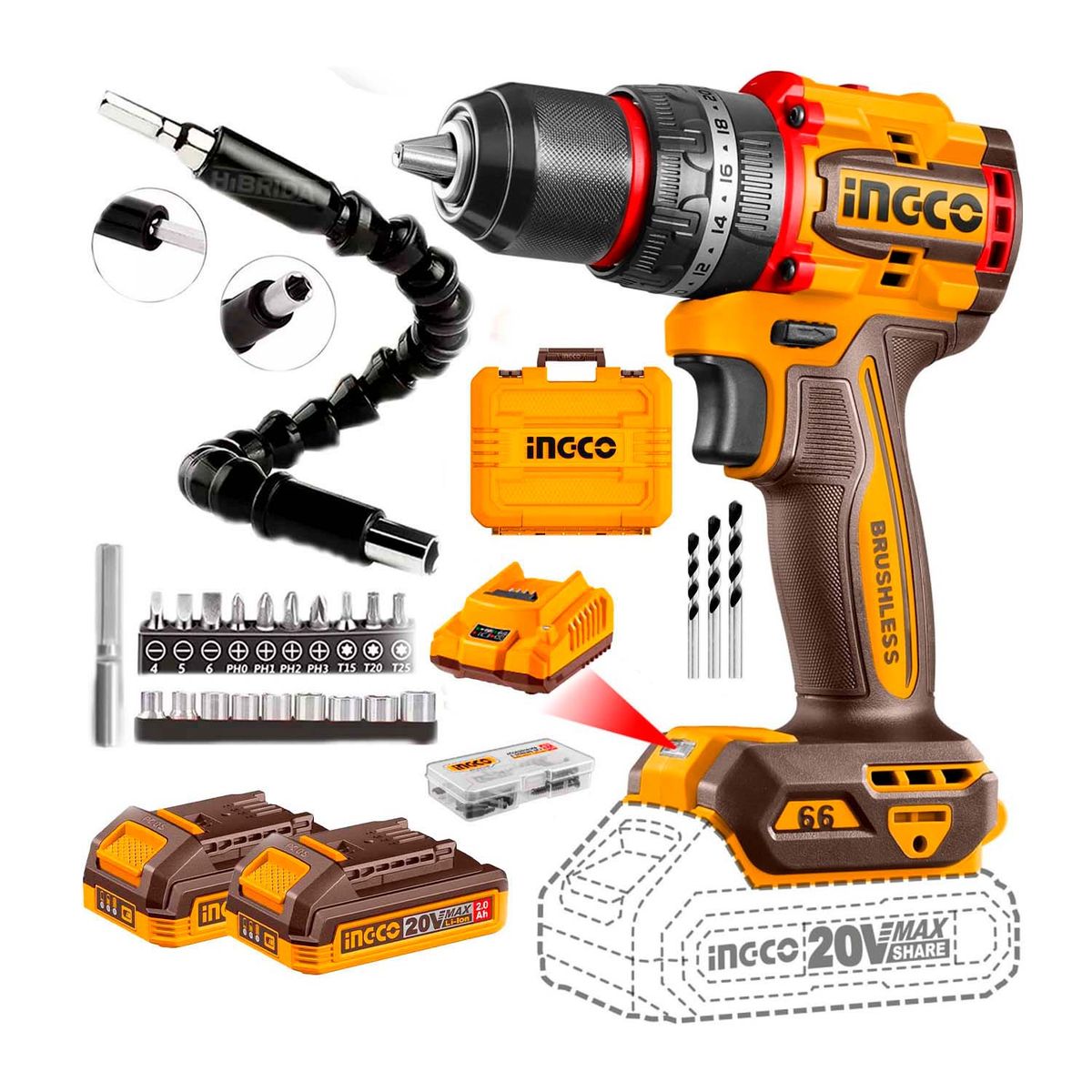 INGCO TOOLS - Taladro Percutor Ingco 66Nm ½ inalambrico 20v Brushless + 21 Accs
