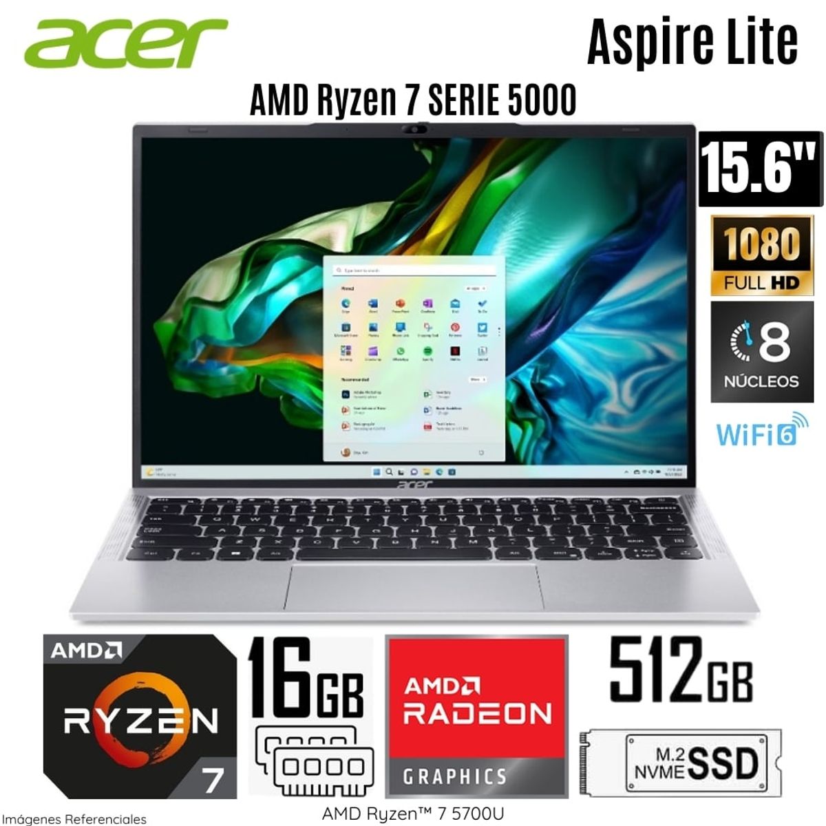 ACER - Laptop Acer Aspire AL14-41P-R27P AMD Ryzen 7-5700U 16GB RAM 512GB SSD 15.6"   FHD Light Silver
