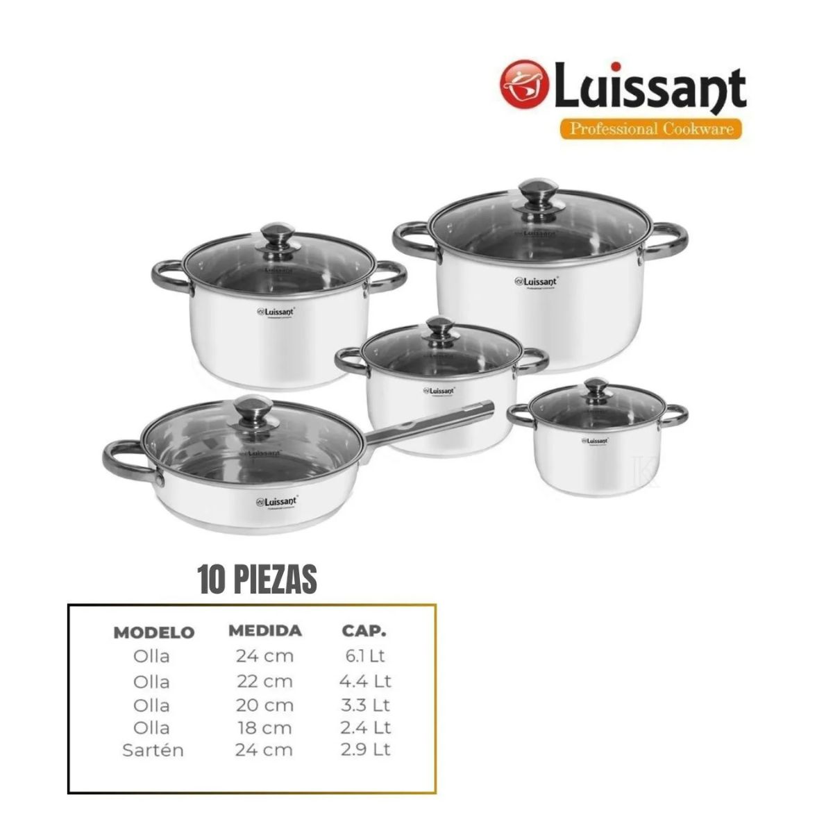 LUISSANT - JUEGO DE OLLAS EN ACERO INOXIDABLE 10 Pzas LUISSANT