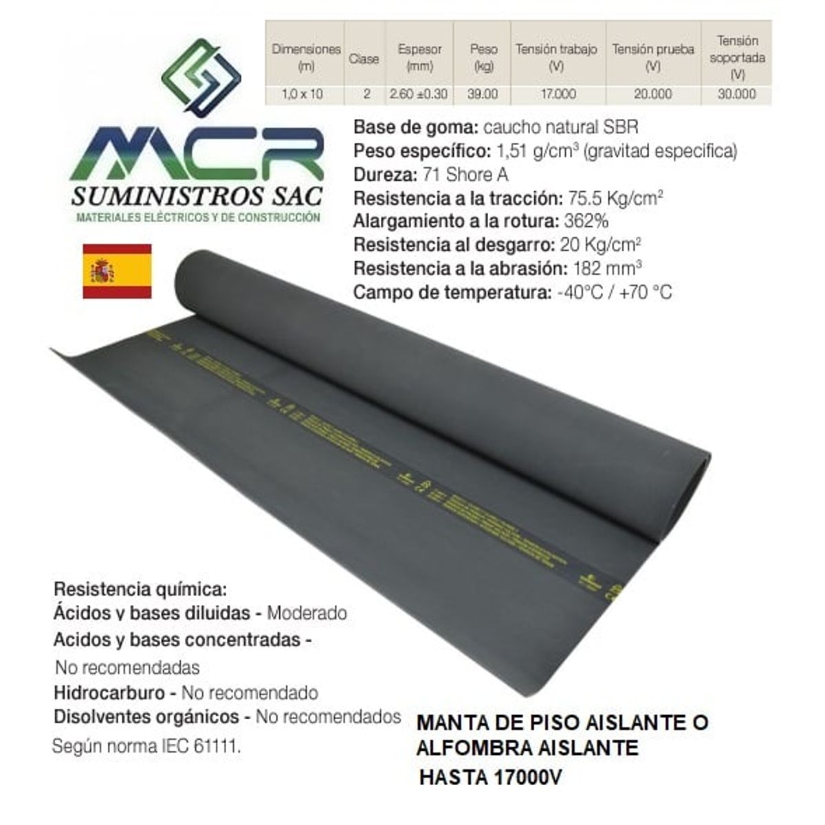 GENERICO - manta para piso dieléctrica de piso 10mts hasta 17000V CLASE 2 EUROPEO