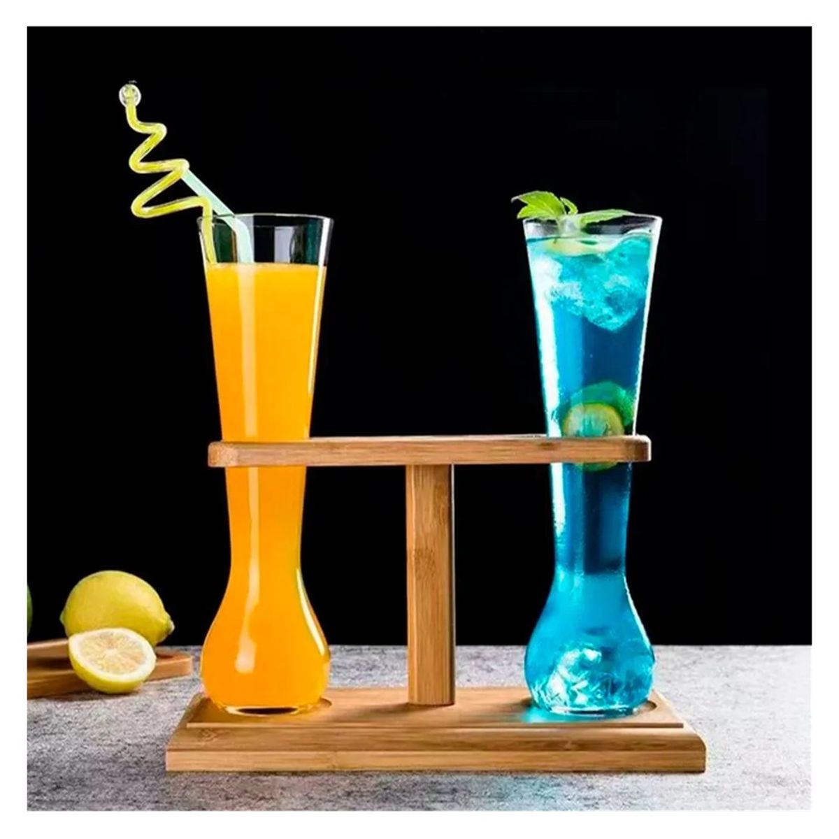 ICHIMATSU - VASOS 2 PZAS YARDA CERVECERA DE VIDRIO 450 ML BASE DE MADERA ICHIMATSU