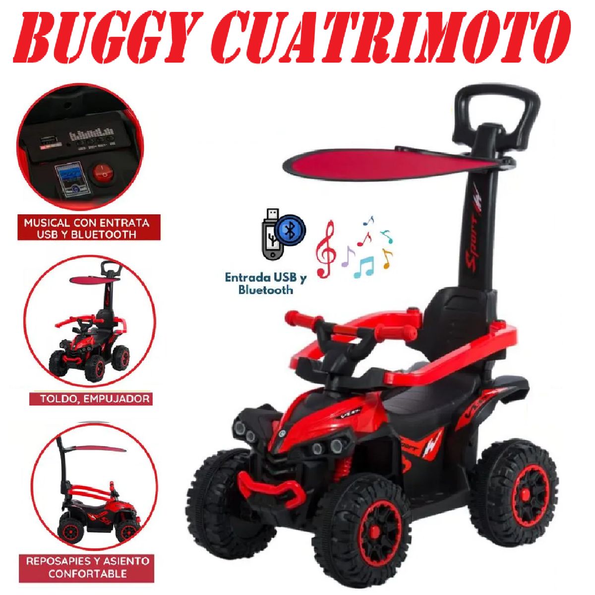 EBABY - Nueva Cuatrimoto Musical con Luces y Sombrilla -Rojo