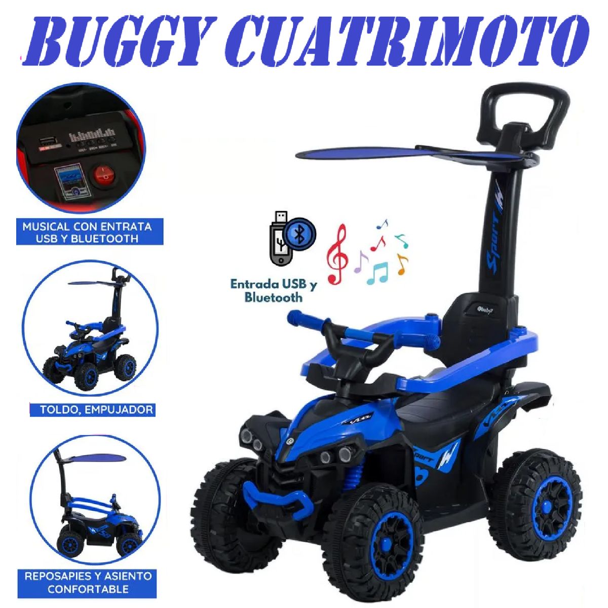 EBABY - Nueva Cuatrimoto Musical con Luces y Sombrilla -Azul