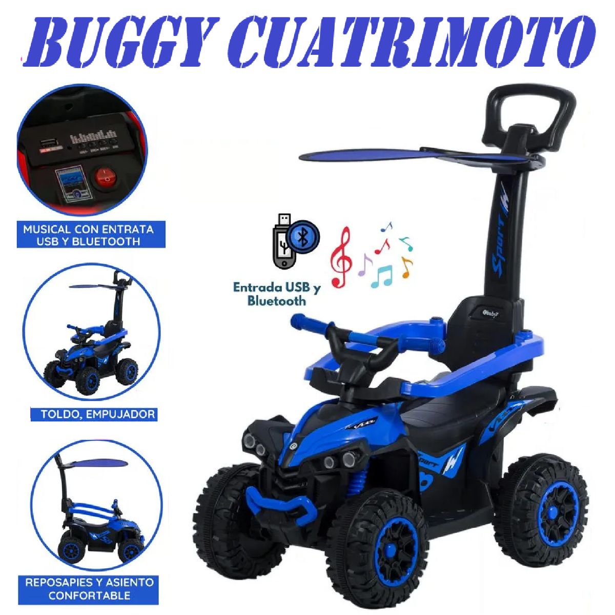 EBABY - Nueva Cuatrimoto Musical con Luces y Sombrilla -Azul