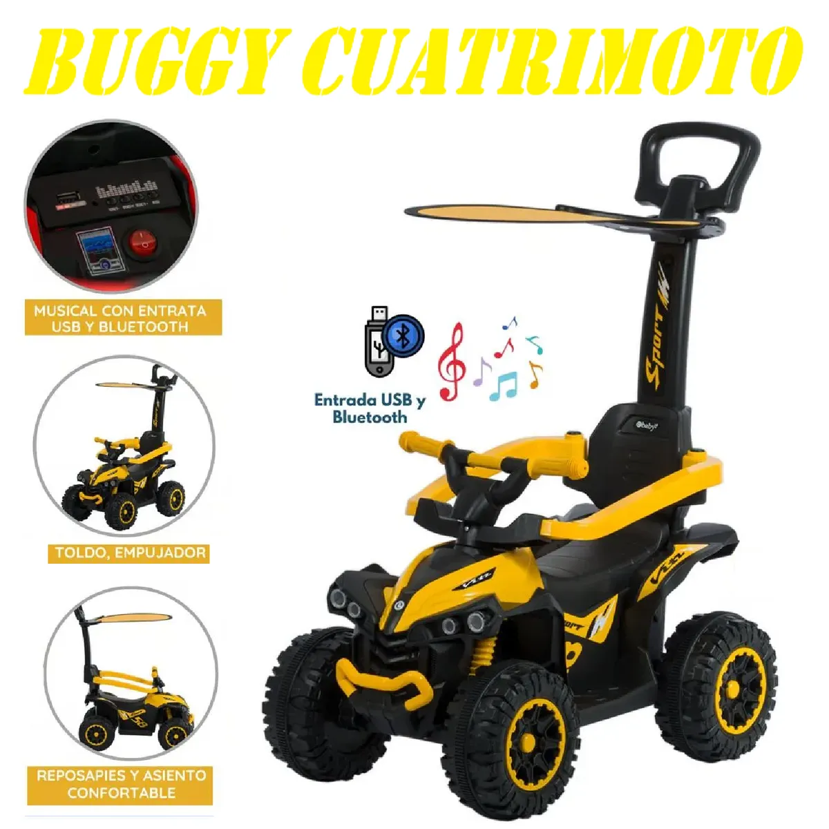 EBABY - Nueva Cuatrimoto Musical con Luces y Sombrilla -Amarillo