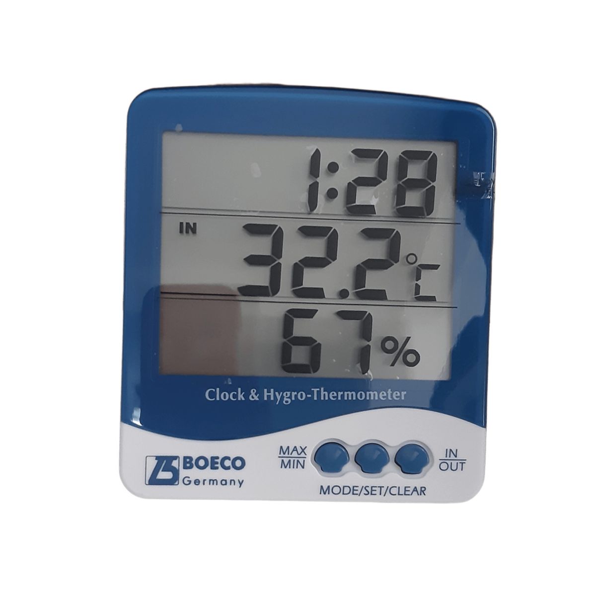 GENERICO - TERMOHIGROMETRO DIGITAL BOECO TEMPERATURA HUMEDAD RELOJ AMBIENTAL