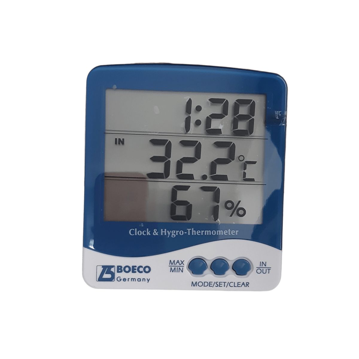 GENERICO - TERMOHIGROMETRO DIGITAL BOECO TEMPERATURA HUMEDAD RELOJ AMBIENTAL