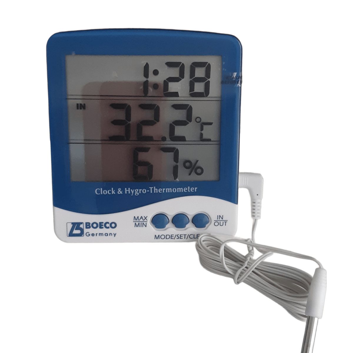 GENERICO - TERMOHIGROMETRO DIGITAL BOECO TEMPERATURA HUMEDAD RELOJ AMBIENTAL