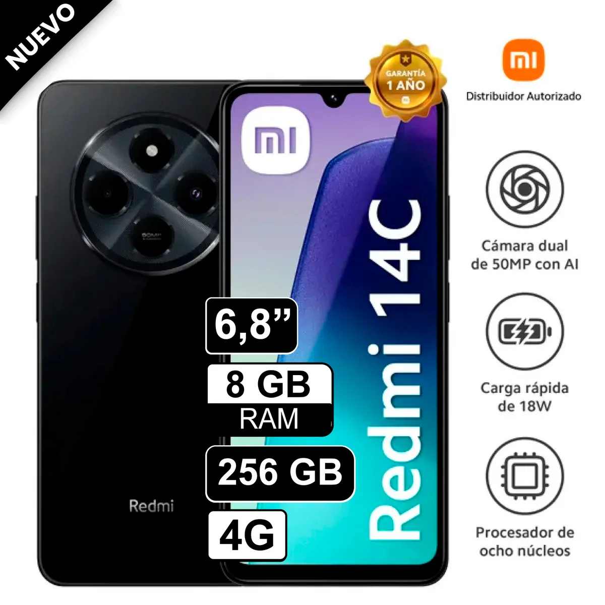 REDMI - Celular Xiaomi Redmi 14C 8GB 256GB - 50MP Cámara Dual SIM - NEGRO