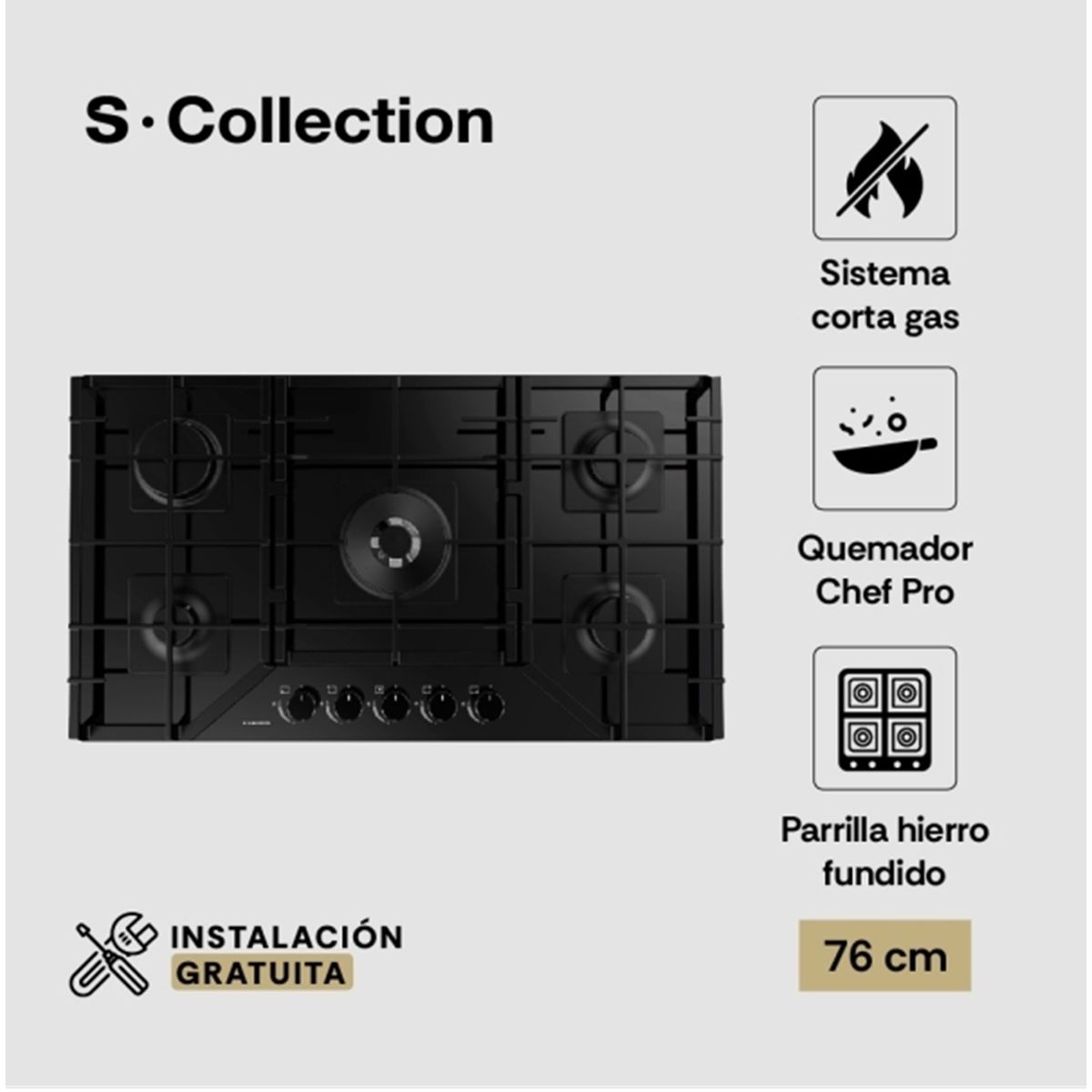 SOLE - Encimera Vidrio Templado S-Collection A Gas 76cm SOLCO060