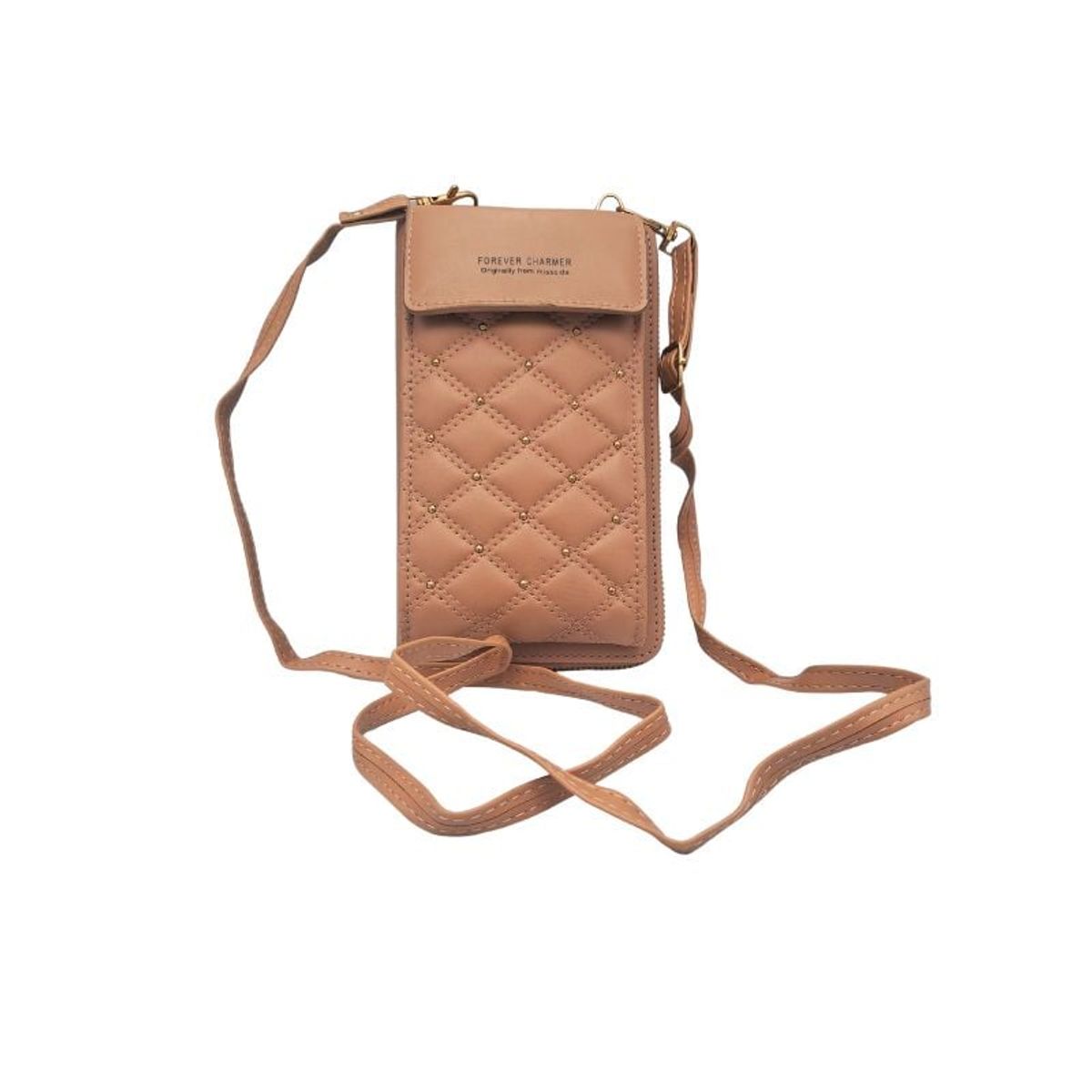 GENERICO - Bolso Cruzado para Teléfono Marrón Claro con Detalles Dorados