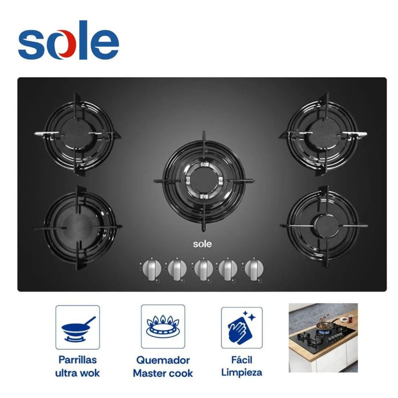 SOLE - Cocina Empotrable Sole Vidrio Templado de 5 Hornillas 86 cm SOLCO033
