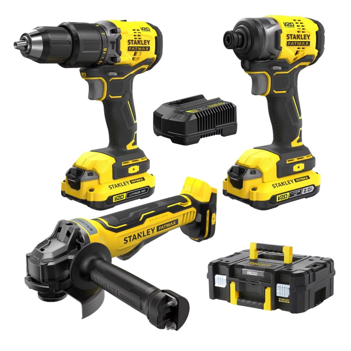 STANLEY - Taladro percutor + Atornillador de impacto + Amoladora 20v Stanley