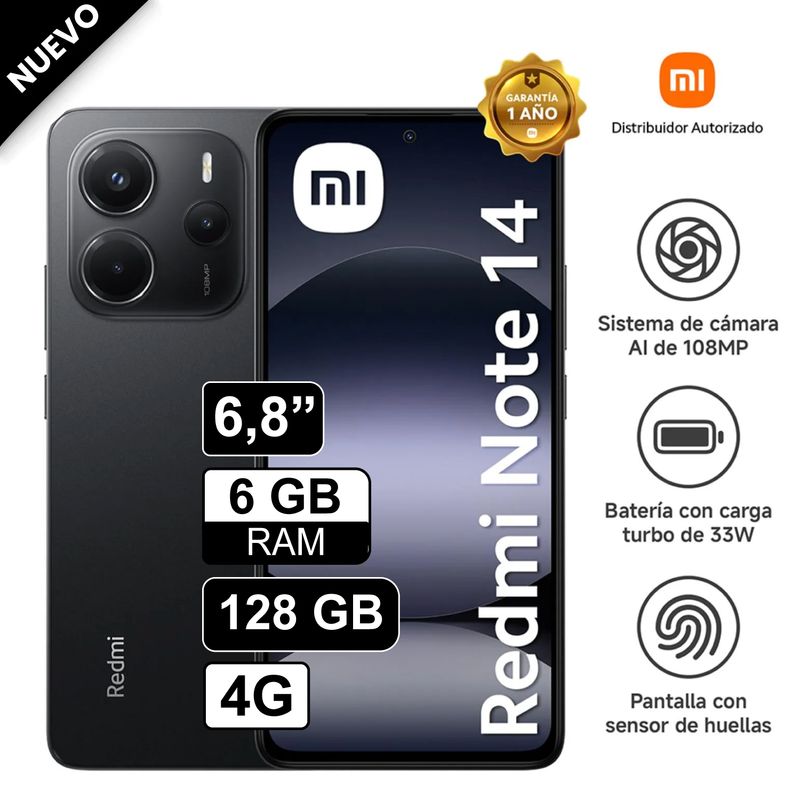 REDMI - Celular Xiaomi Redmi Note 14 4G 128GB  6GB RAM cámara 108MP, cámara frontal 20MP, 6.6" Pulg Negro