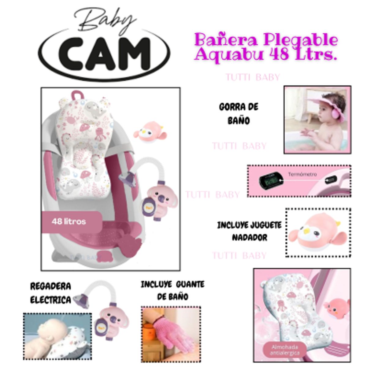 CAM - BAÑERA  AQUABU 48 Ltrs  TERMÒMETRO Y REGADERA ELECTRICA -ROSADO