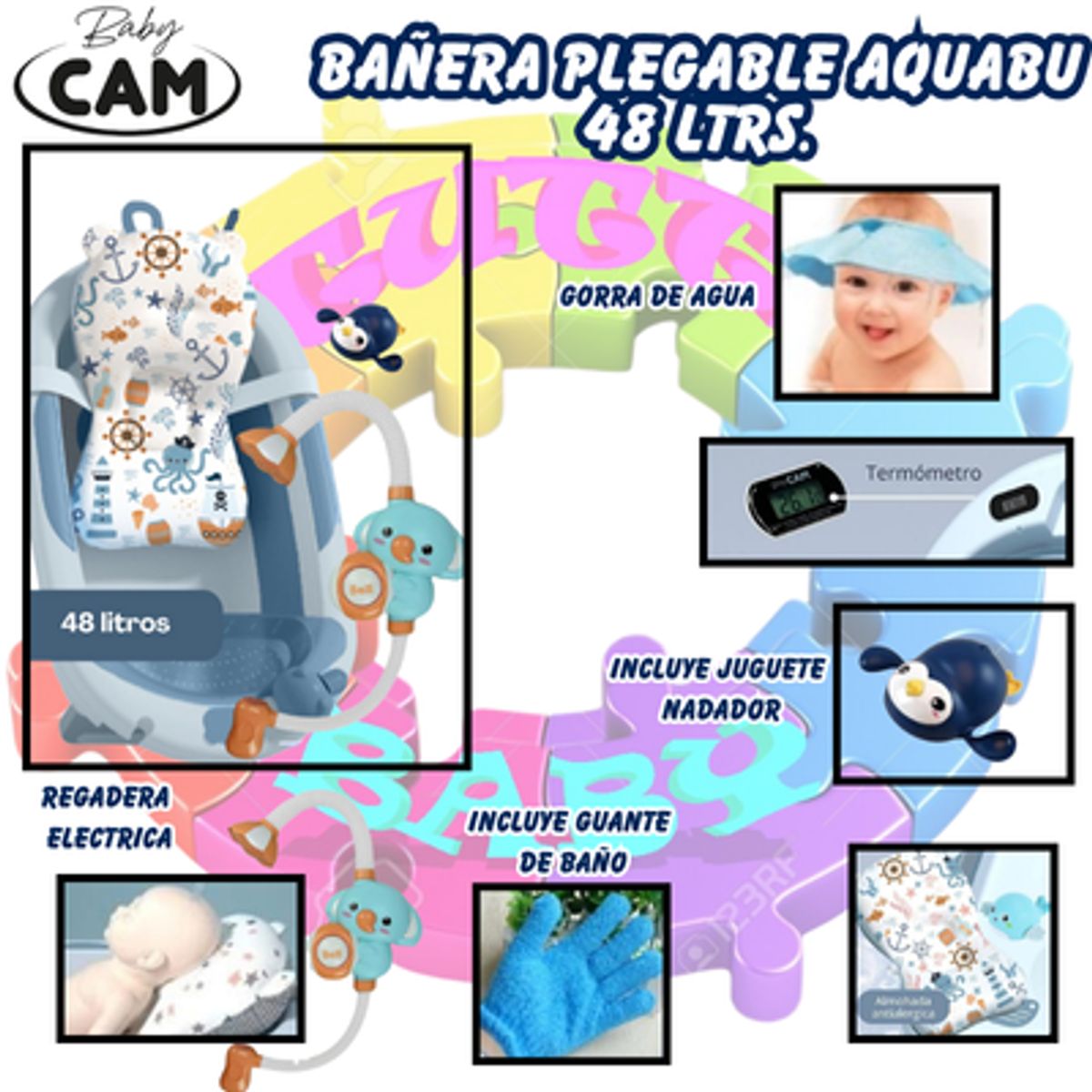 CAM - BAÑERA  AQUABU 48 Lt TERMÒMETRO Y REGADERA ELECTRICA -AZUL
