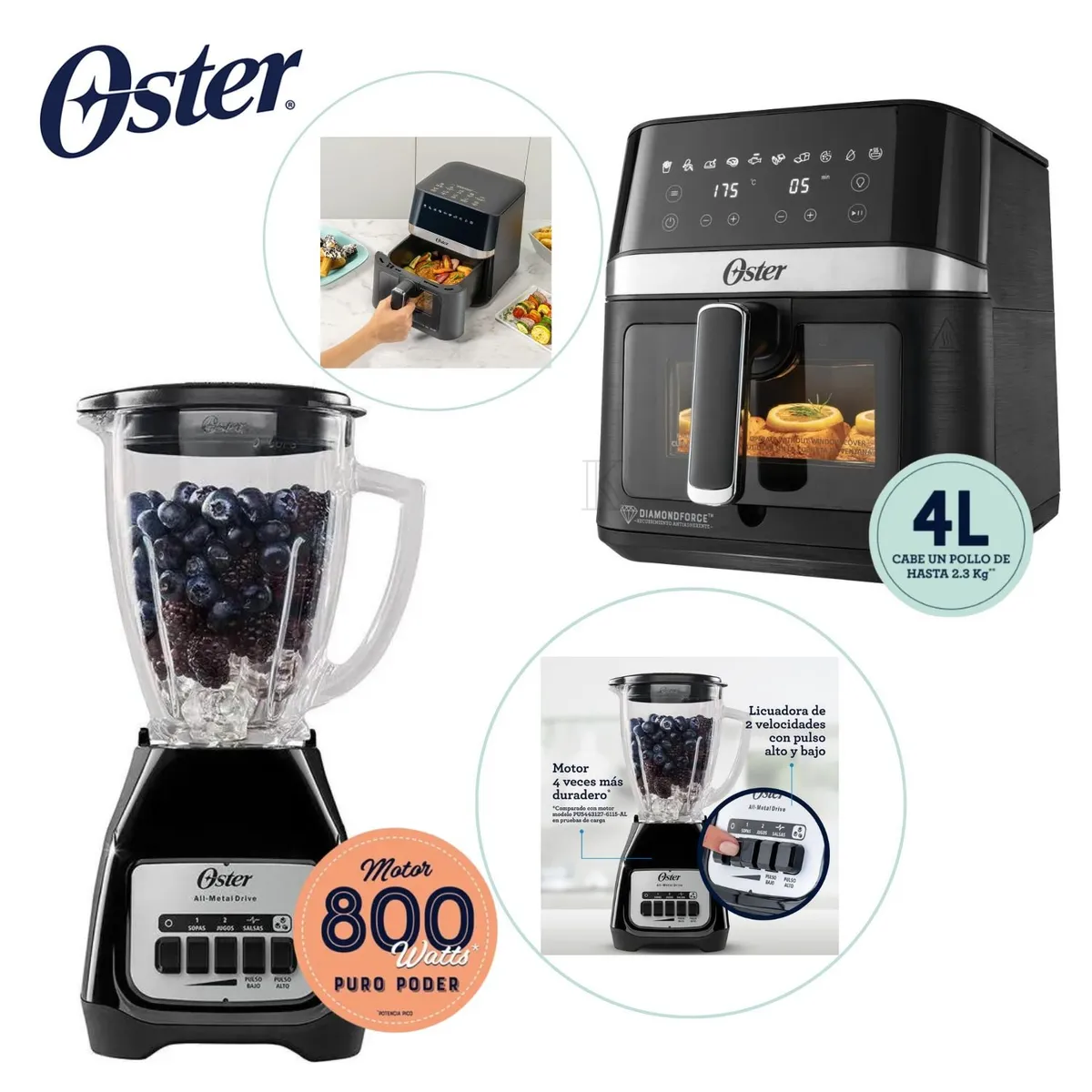 OSTER - Combo Oster Licuadora 1.5 Litros + Freidora de Aire Digital de 4 Lts