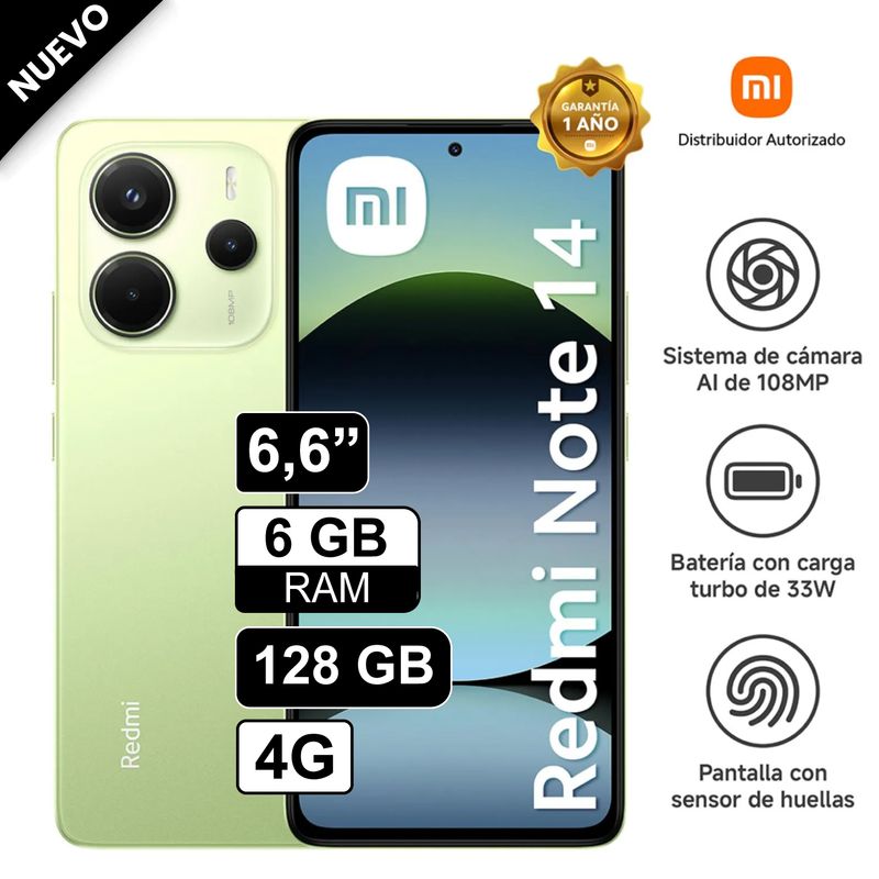 REDMI - Celular Xiaomi Redmi Note 14 4G 128GB  6GB RAM cámara 108MP, cámara frontal 20MP, 6.6" Pulg Verde
