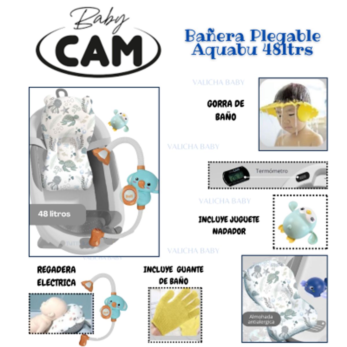 CAM - BAÑERA  AQUABU 48 Ltrs  TERMÒMETRO Y REGADERA ELECTRICA -GRIS