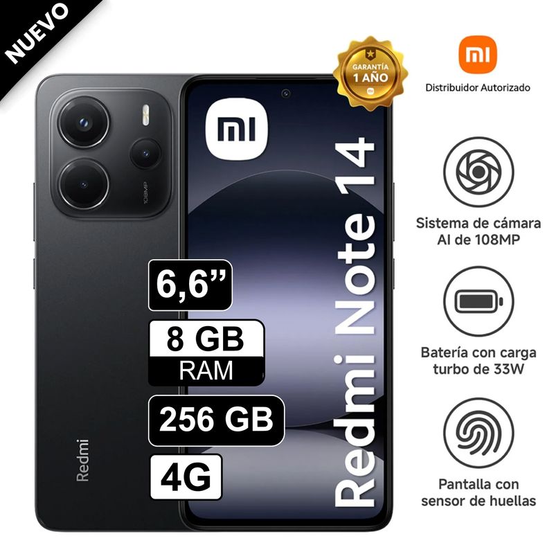 REDMI - Celular Xiaomi Redmi Note 14 4G 256GB  8GB RAM cámara 108MP, cámara frontal 20MP, 6.6" Pulg Negro